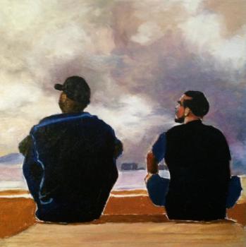 Peinture à l'huile représentant deux hommes regardant la mer vers l'horizon